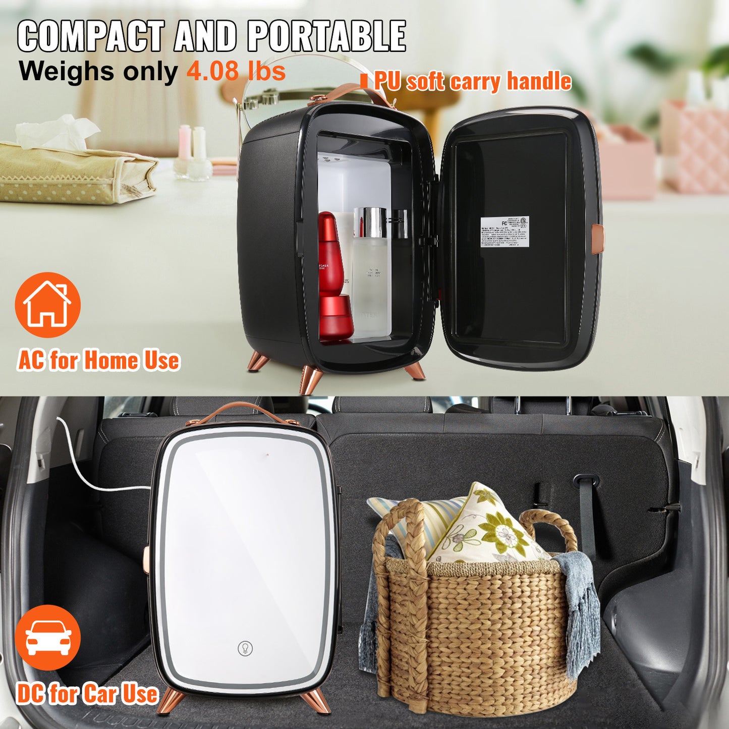 Glow & Go™ Skincare Mini Fridge – LED Mirror Edition (AC/DC Dual Power)