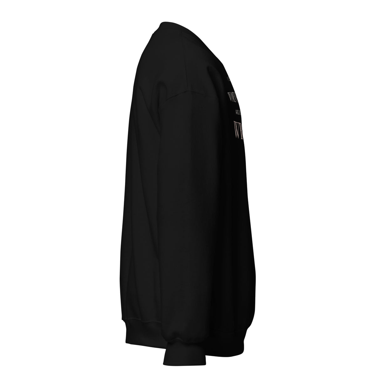 Right-side view of the black Women’s Rights and Wrongs crewneck.
