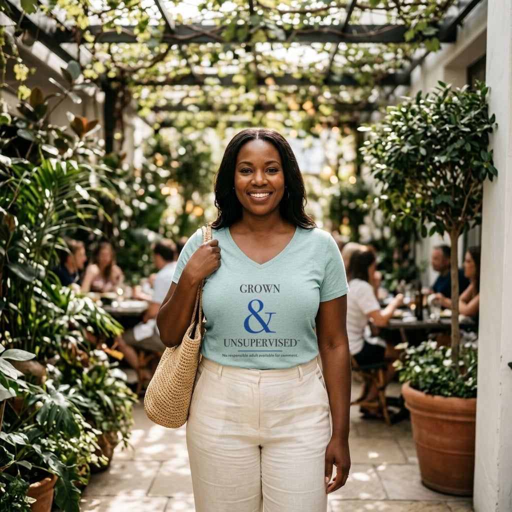 Smiling woman wearing the Heathered Dusty Sage Grown & Unsupervised™ women's V-neck tee with cream trousers and a woven tote in a leafy garden café.