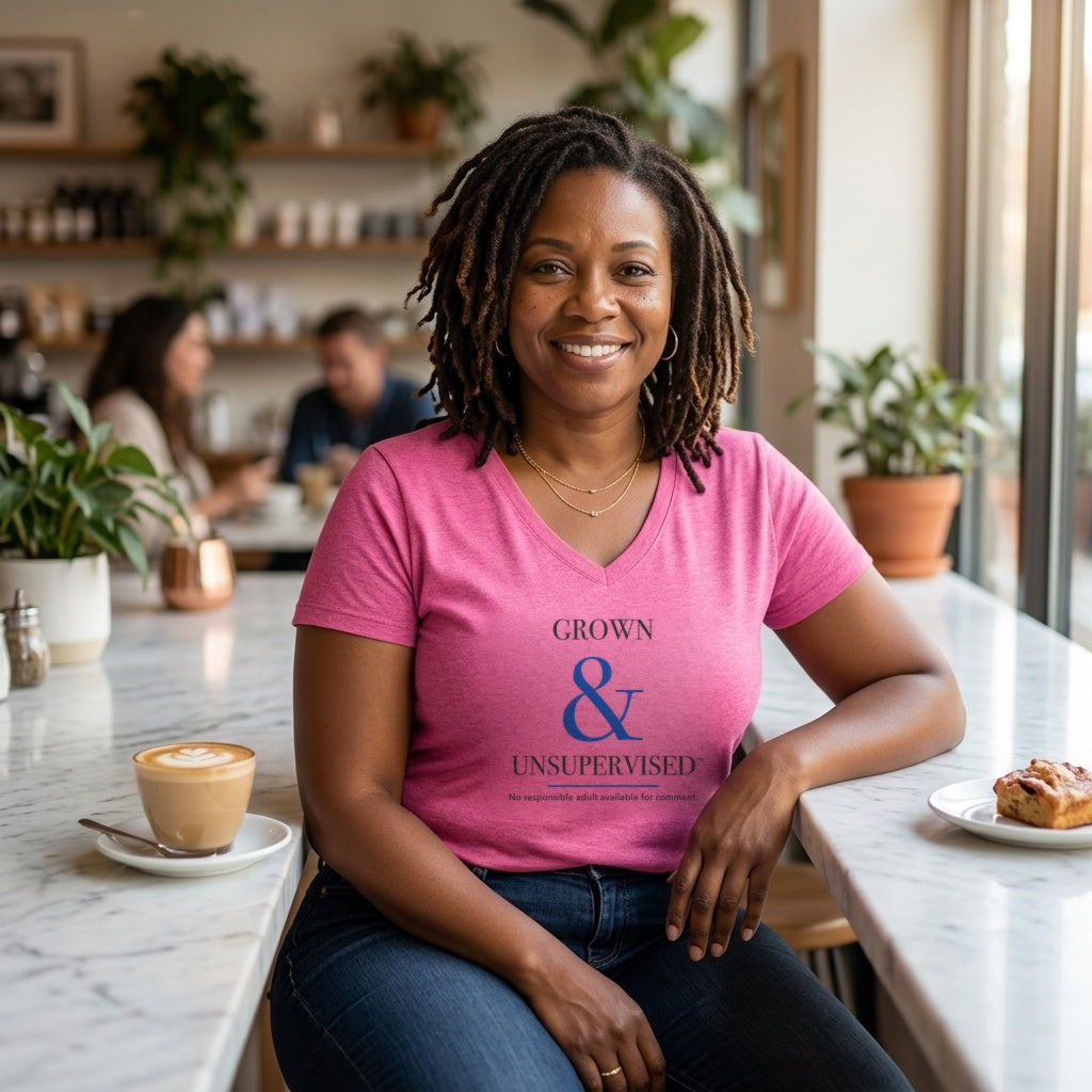 Smiling woman with locs at a sunlit café counter wearing the Fuchsia Frost Grown & Unsupervised™ women's V-neck tee, a latte and pastry beside her.
