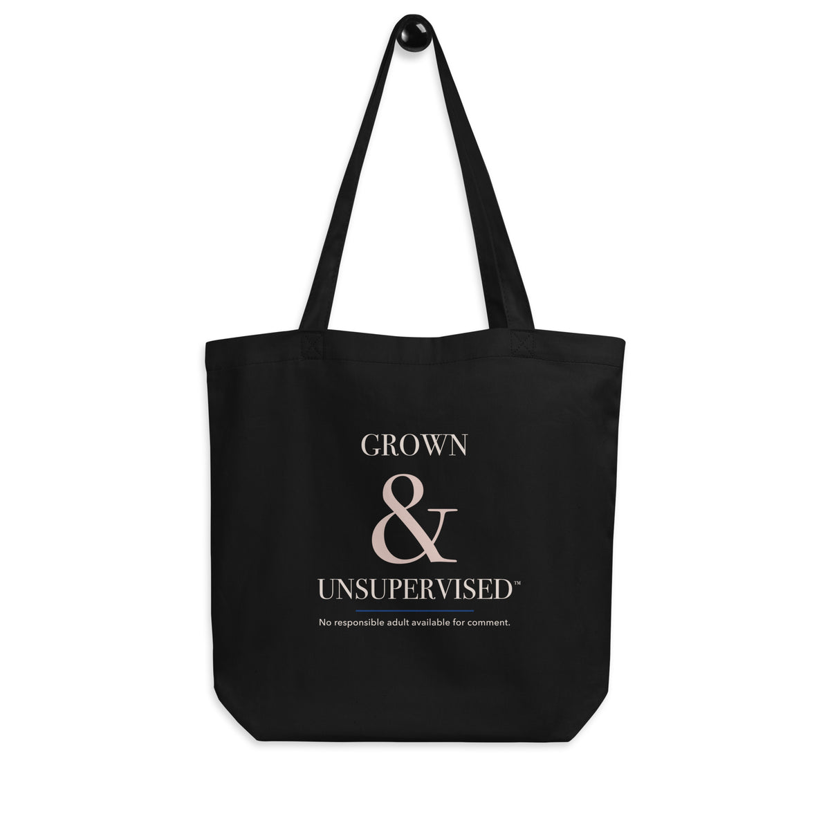 Angled view of the black Voluptuocity™ Grown & Unsupervised organic-cotton tote.