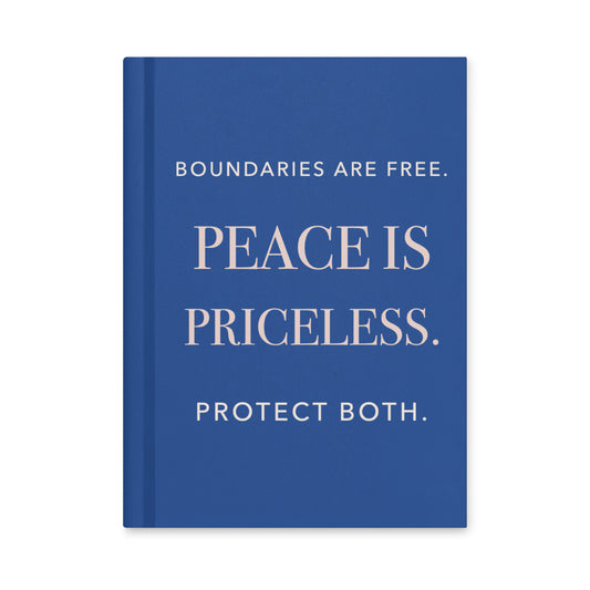 Royal-blue hardcover journal, front cover reading “Boundaries are free. Peace is priceless. Protect both.” in ivory and rosy-champagne serif lettering.