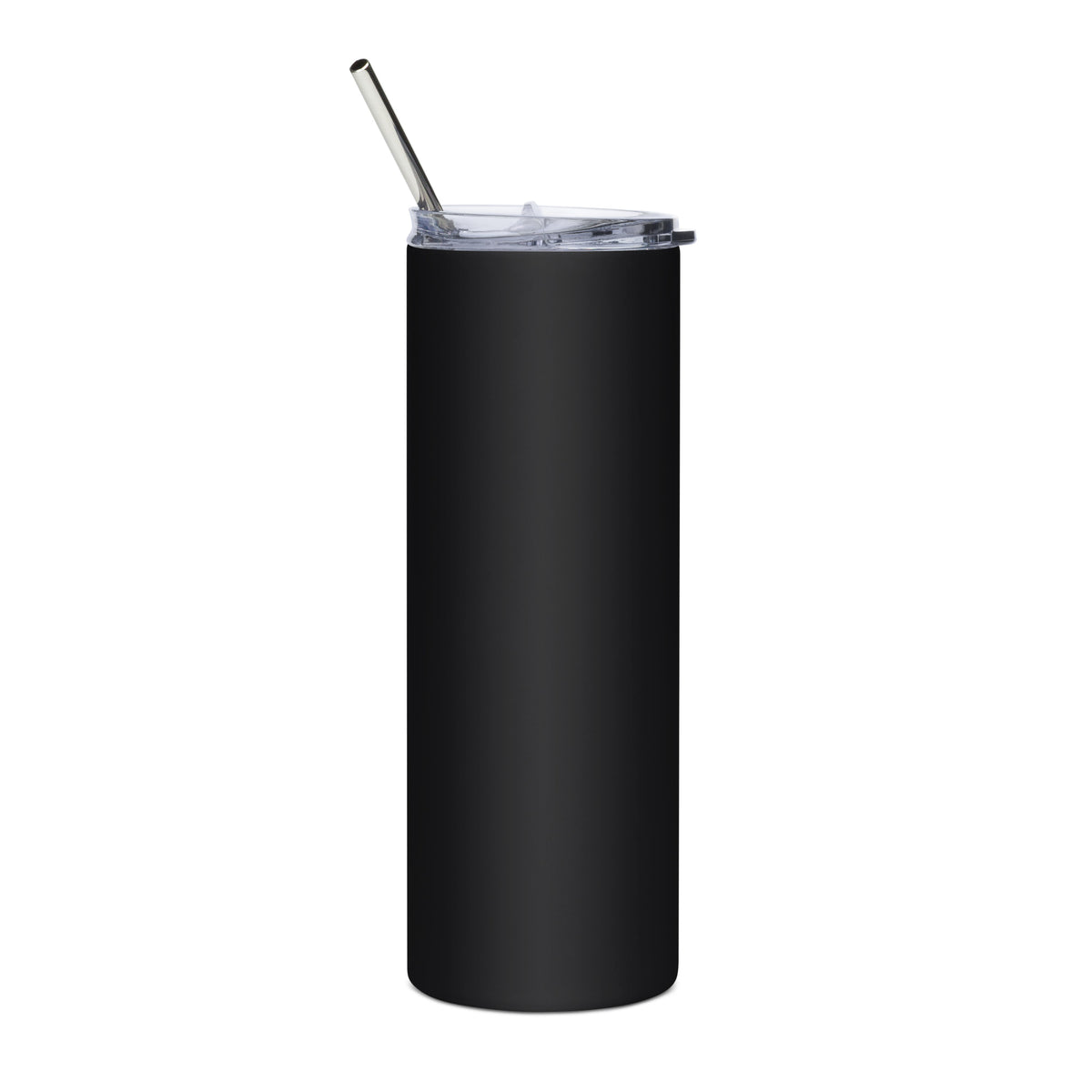 Back of the matte-black Rich in Peace tumbler with lid and metal straw.