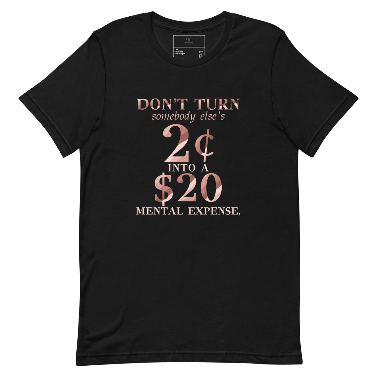 The 2¢ Mental Expense Tee in black, front print mockup
