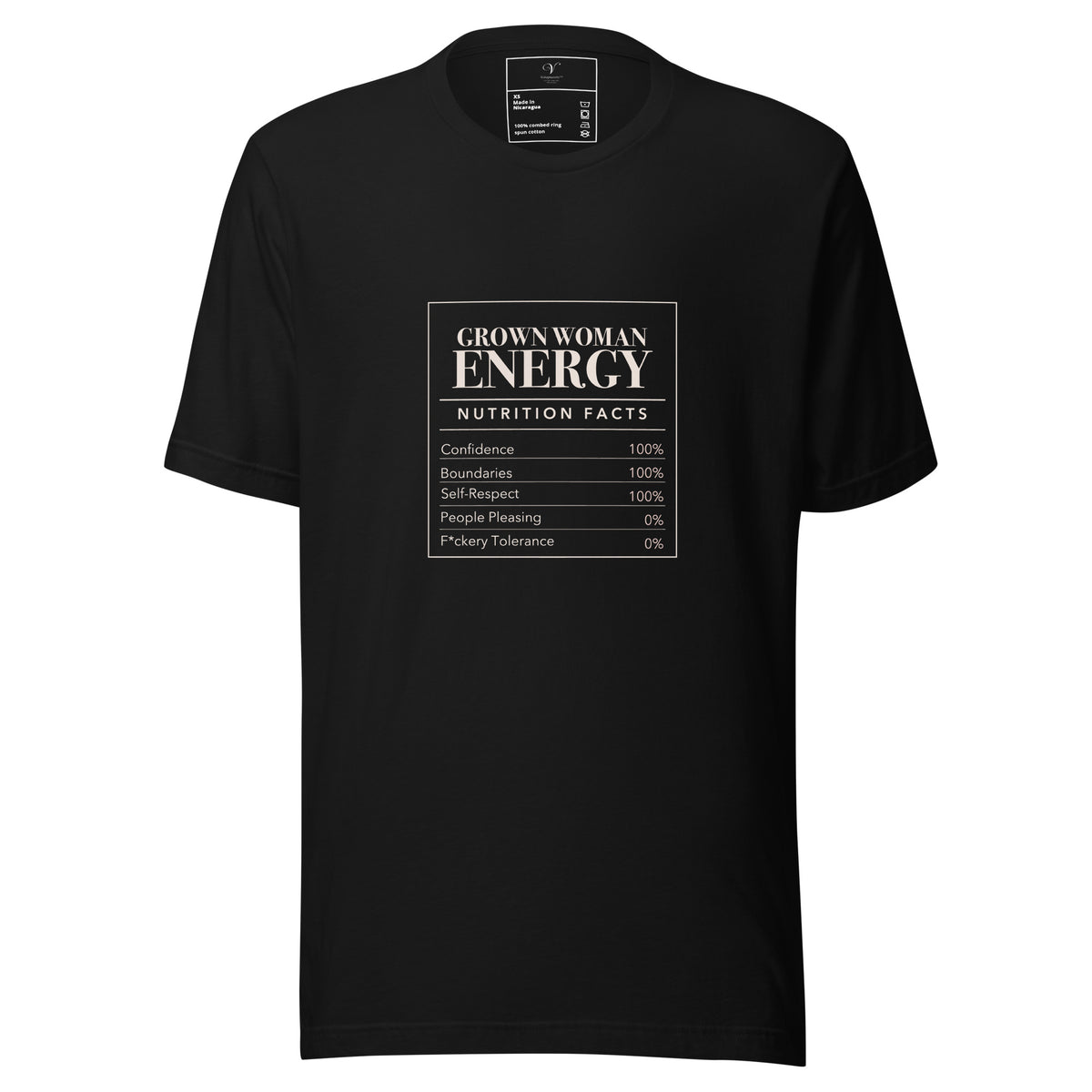 Black Grown Woman Energy Nutrition Facts Tee front mockup with confidence and boundaries at 100% and f*ckery tolerance at 0%.