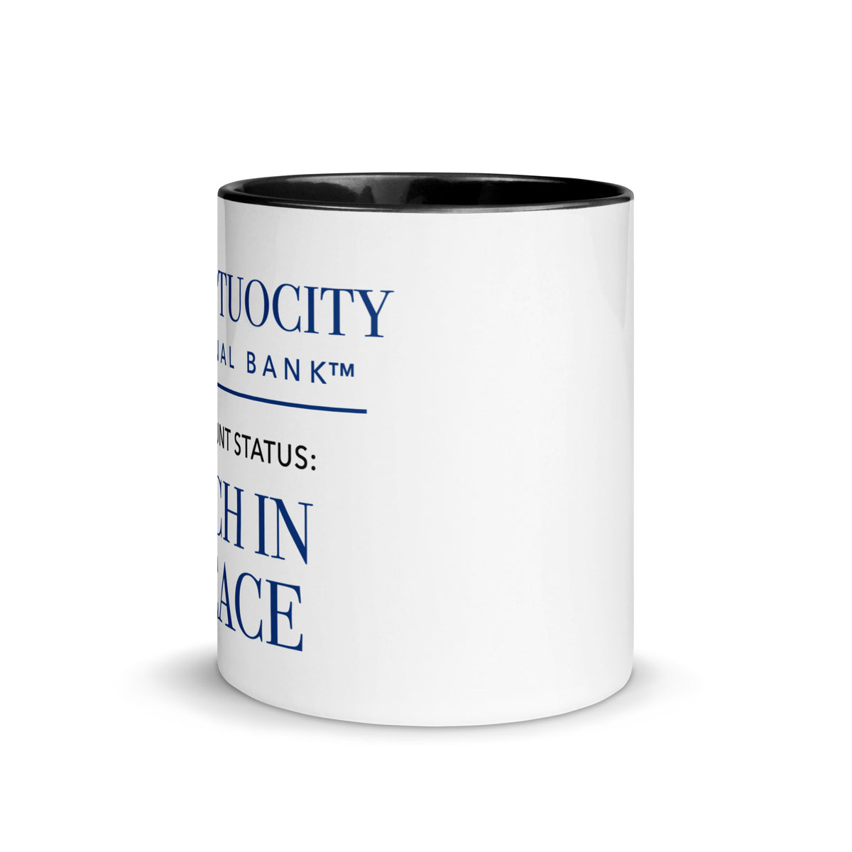 Center view of the Rich in Peace mug, with the deep royal-blue Voluptuocity National Bank™ artwork wrapping toward the handle side.