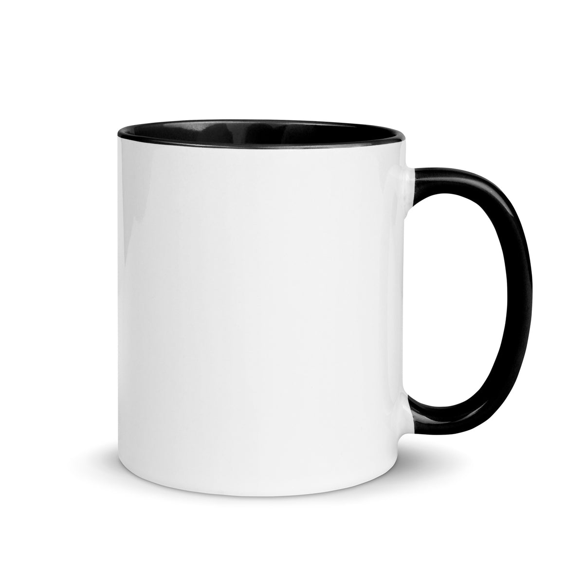 Unprinted reverse side of the white Rich in Peace mug, showing the black handle and black interior.